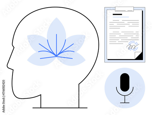 Human head with a flower symbolizing mindfulness, document with a signature, and a microphone. Ideal for mental health, communication, creativity, personal growth, podcasting, education simple flat