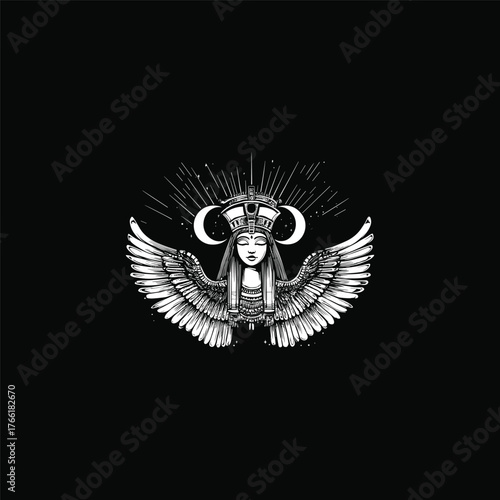 Mystical black and white vector illustration of an ancient Egyptian goddess. The deity features large spread wings, a detailed crown, and crescent moon symbols, radiating a celestial aura