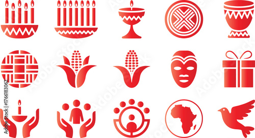 Red kwanzaa symbols including candles corn and african map