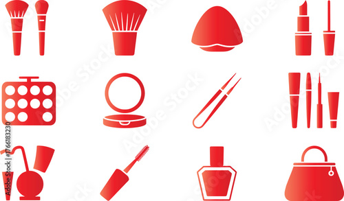 Isolated red icons of makeup and beauty products on white background