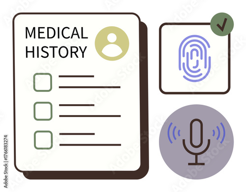Medical history document, fingerprint for biometric authentication, and a voice input icon. Ideal for healthcare, security, technology, data management, digital solutions innovation privacy. Simple