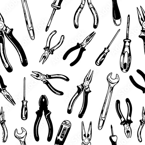 Seamless black and white tool pattern with pliers, screwdrivers, wrenches, and cutters. Ideal for DIY, mechanic, workshop, packaging, textile, and industrial-themed design projects.