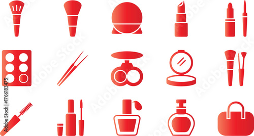 Illustration of various red makeup and beauty accessories