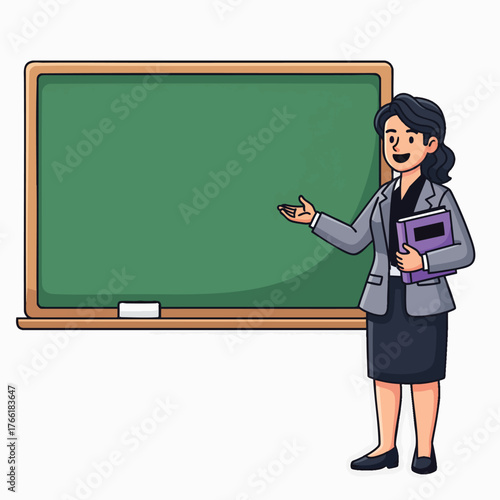 Cartoon female teacher in a grey blazer holding a book and presenting at a blank green chalkboard.