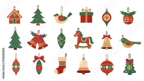 Christmas Tree Ornaments Set | Flat Vector Holiday Decorations and Clipart Collection

