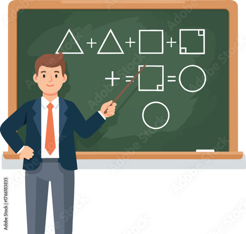 Cartoon male teacher in a suit pointing at a chalkboard with a geometric shapes equation.