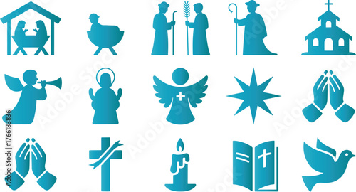 Collection of religious symbols in blue on a white background
