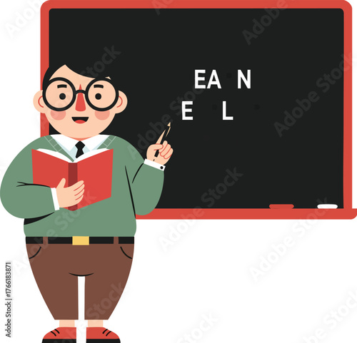 Cartoon male teacher with glasses and a book teaching a lesson at a blackboard.