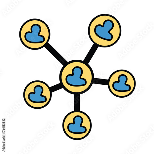Cartoon social networking graphic with a central node and five connected people icons.
