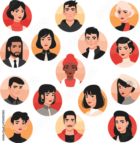Collection of diverse male and female character portraits presented as circular avatars.