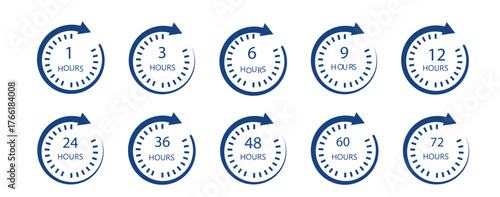 Hour timer icon set. 1, 3 6 9  , 12, 24, 36 48, 72 hours icon. Clock showing 12 and 6 hours, for sale and fast delivery logo.  Hour icon set Fast delivery. 