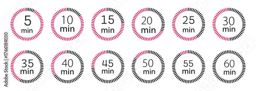 Minimalist circular countdown timer icons showing intervals from 5 to 60 minutes and seconds. Minimalist circular countdown timer. Chronometer deadline, stopwatches icons in circle shape.  