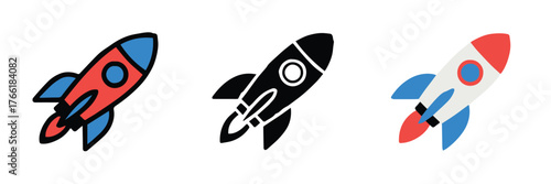minimal rocket vector pack outline black silhouette and colorful rocket with flame flat icon set for apps