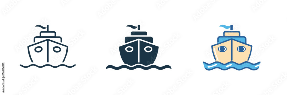 ship icon collection front view outline navy and colorful variants flat vector set for logos and interfaces
