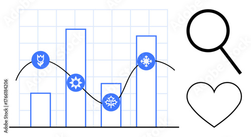 Bar graph with spring, summer, autumn, winter icons showing seasonal changes, line graph overlay. Magnifying glass and heart icons suggest analysis and passion. Ideal for data, analytics, seasons