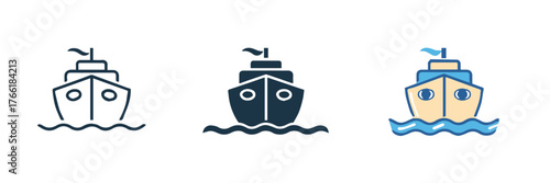 ship icon collection front view outline navy and colorful variants flat vector set for logos and interfaces