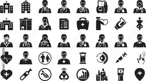 Healthcare and medical glyph icons in solid black style. The icons include doctors, nurses, hospitals, medical tools, syringes, reports, first-aid kits, and health symbols.