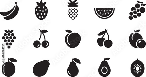 A collection of black fruit glyph icons featuring bananas, pineapple, watermelon, grapes, strawberry, cherries, mango, pear, avocado, and kiwi — simple vector silhouettes on a white background.
