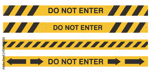 Warning Tape and Caution Stripe Set – Vector design featuring construction hazard, do not enter, and crime scene tape elements for safety posters, signage, and industrial illustrations.