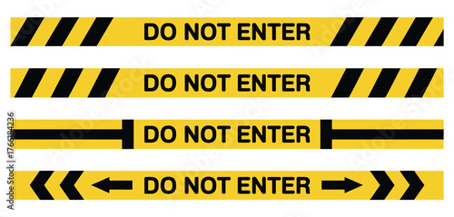 Construction and Safety Warning Tape Vector Set,  Yellow and black caution stripe designs for hazard signs, do not enter areas, danger zones, and safety awareness illustrations.