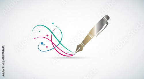 Elegant fountain pen with colorful swirls, symbolizing creativity, writing, and artistic expression
