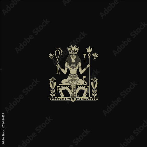 Mystical illustration of an Ancient Egyptian cat-headed goddess (Bastet or Sekhmet) sitting on a throne, holding symbols of power (Was scepter and Ankh/lotus)