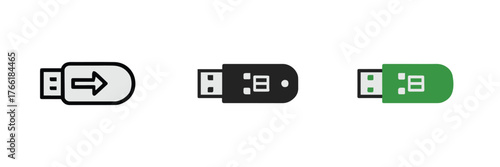 usb flash drive icon set three variations black white green with status dot vector files for web and print