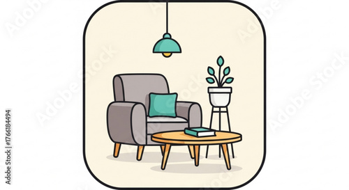 A cozy and inviting living room corner with an armchair, coffee table, plant, and hanging lamp, all in a cartoon style
