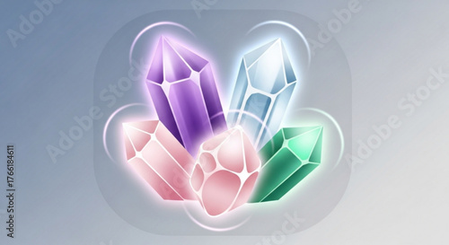 A collection of colorful crystals glows with an ethereal light, showcasing a variety of shapes and hues against a soft, gradient background