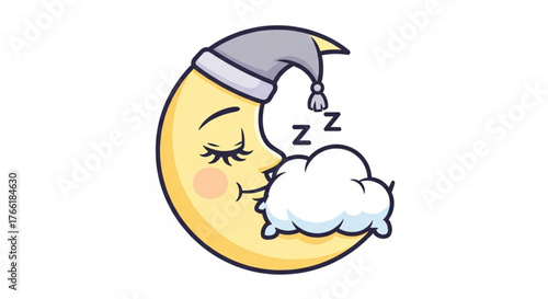 Cute crescent moon character sleeping on a cloud, cartoon moon with a nightcap and zzz symbols in a charming illustration