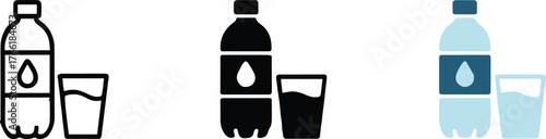 water bottle and glass logo pack vector icons outline silhouette and flat colored variants for packaging design