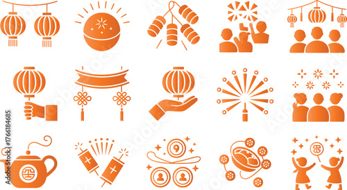 Collection of chinese new year celebration icons in orange