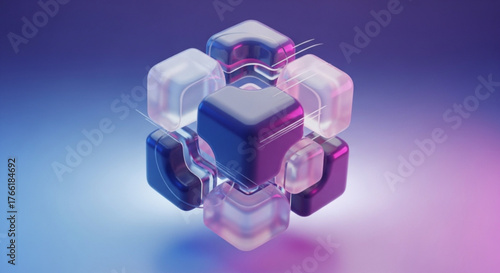 Abstract arrangement of translucent cubes in a modern design, illuminated with vibrant neon colors, creating a futuristic and geometric aesthetic
