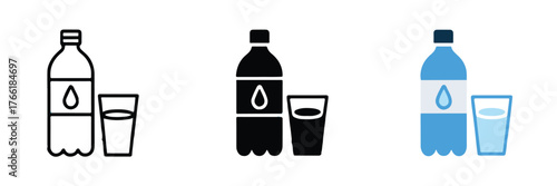 minimal water bottle with droplet and glass vector icons set outline silhouette and blue colored illustration
