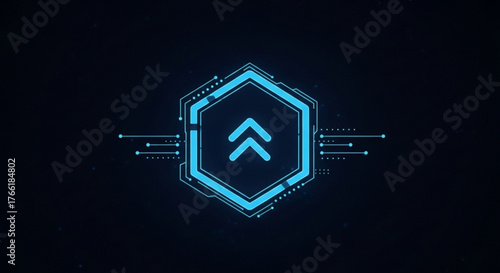 Futuristic hexagon logo with upward arrows, symbolizing growth and progress in a hightech, digital environment, perfect for technology companies