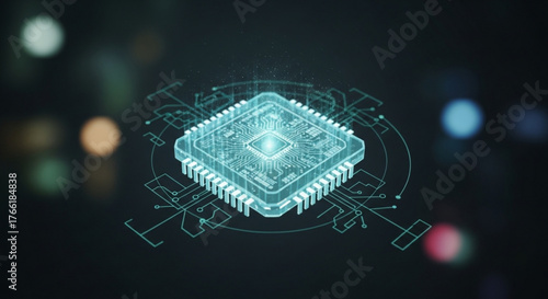 An intricate illustration of a microchip with glowing circuits, representing advanced technology and digital innovation with a dark background