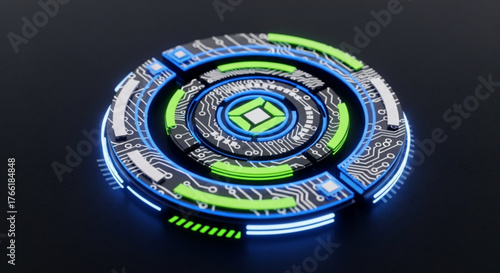A futuristic circular device with intricate circuit patterns and glowing neon accents, representing advanced technology and innovative design