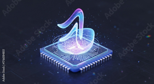A futuristic illustration of a music note hovering above a microchip, symbolizing the fusion of technology and music with vibrant colors