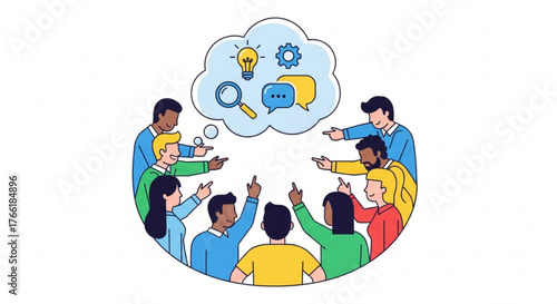 Diverse group brainstorming, sharing ideas, and pointing upwards, symbolizing collective thinking and problemsolving