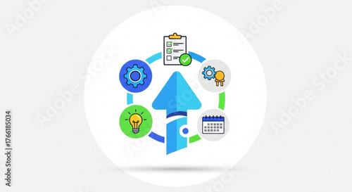 Illustration of an arrow pointing upwards surrounded by business icons, representing growth and progress