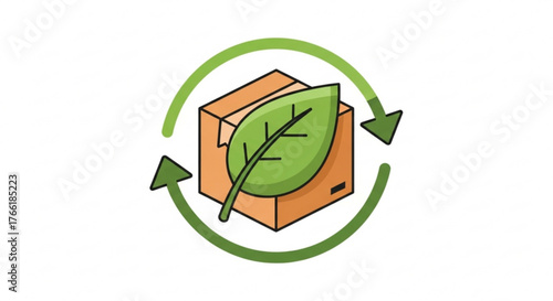 Ecofriendly delivery concept with a cardboard box, green leaf, and recycling symbol, promoting sustainable shipping practices