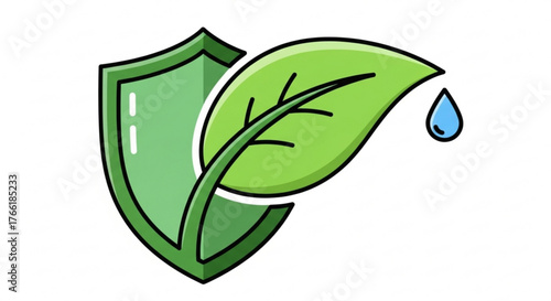 Green leaf with water drop behind a shield, , representing environmental protection and conservation