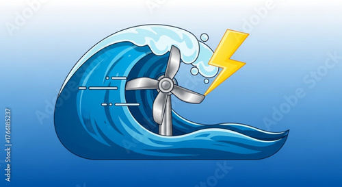 Wave energy concept with a wave, turbine, and lightning bolt, symbolizing renewable energy and power generation from the ocean