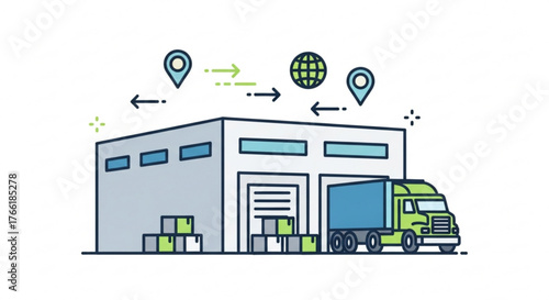 Warehouse with truck, location pin, and globe for global logistics and supply chain