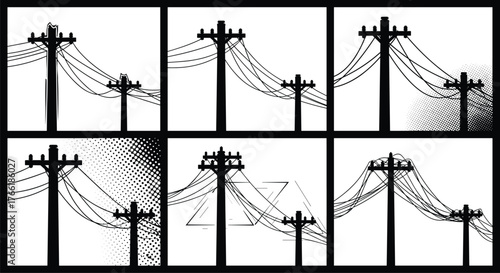 Black and white power line poles illustration, comic style electricity network art, vintage energy transmission design, minimalist electrical silhouette.