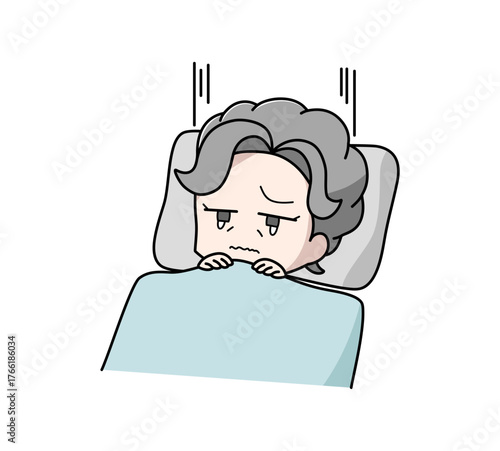 布団のなかで泣いている高齢女性のイラスト