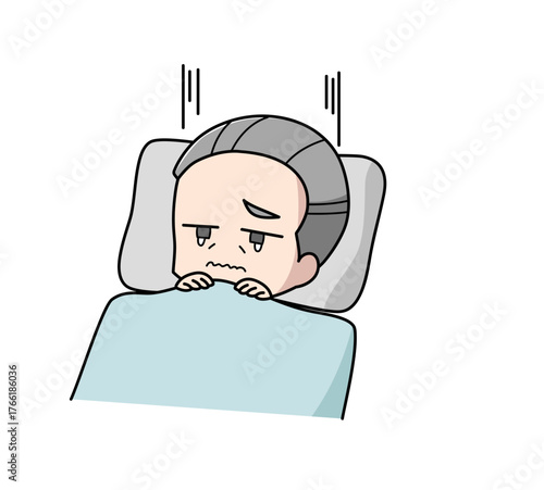 布団のなかで泣いている高齢男性のイラスト
