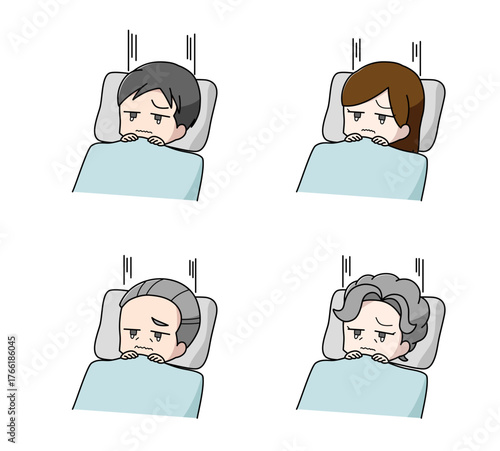布団のなかで泣いている大人のイラスト4種類セット