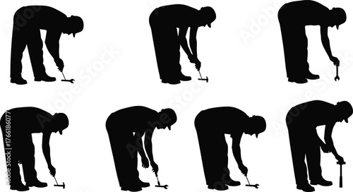 Construction worker silhouettes using hammer and wrench, bending posture, industrial labor, repair maintenance concept, vector illustration for building site design
