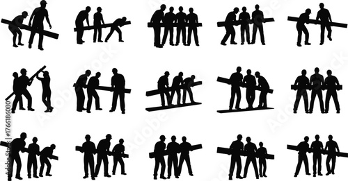 Construction workers silhouettes carrying wooden planks, teamwork labor illustration, industrial workforce, building site cooperation, safety teamwork vector design concept